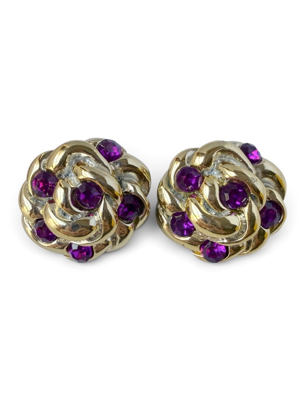 Vintage Purple Gem Puffy Knot Round Large Goldtone Clip On Earrings